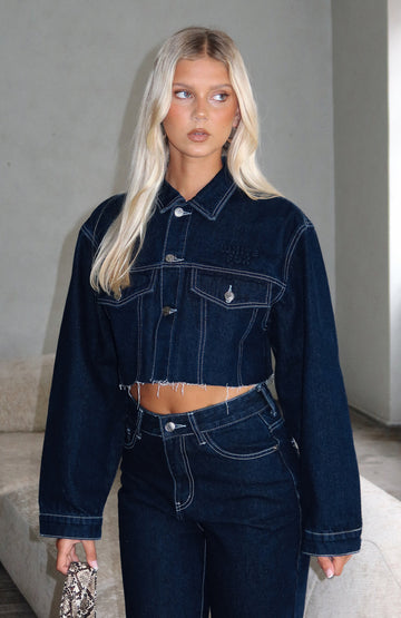 Something To Prove Cropped Denim Jacket Dark Indigo Wash